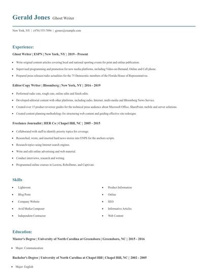 Ghost Writer Resume