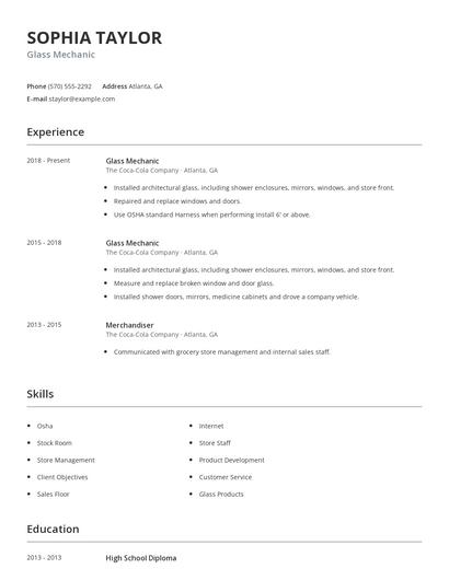 Glass Mechanic Resume