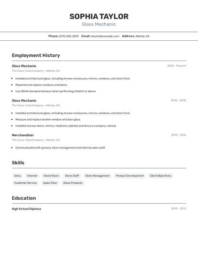 Glass Mechanic Resume