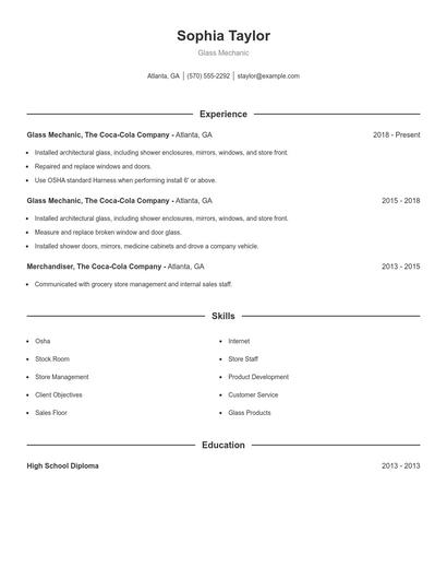 Glass Mechanic Resume