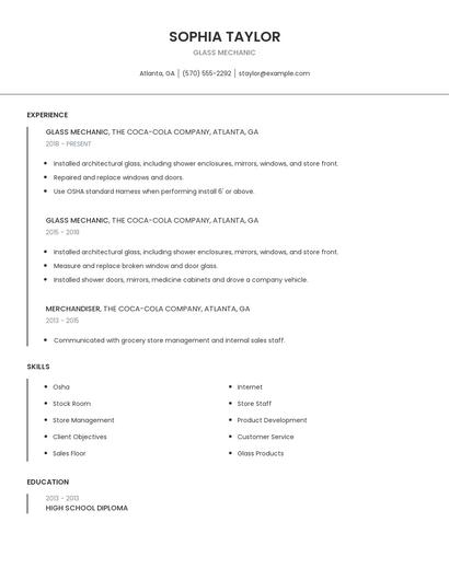 Glass Mechanic Resume