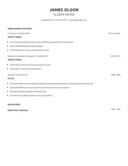 Glazier Helper Resume