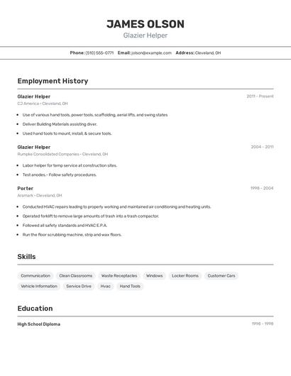 Glazier Helper Resume