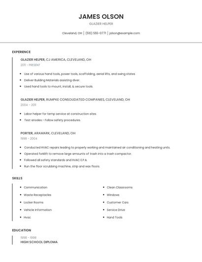 Glazier Helper Resume