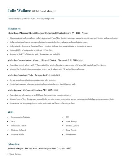 Global Brand Manager Resume