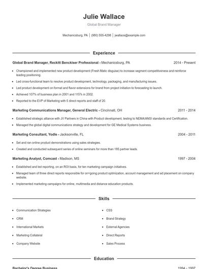 Global Brand Manager Resume