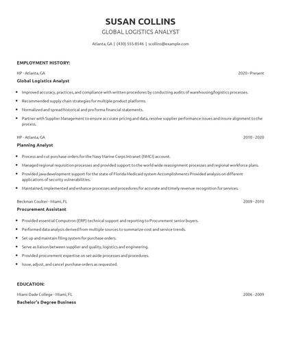 Global Logistics Analyst Resume