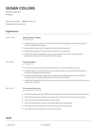 Global Logistics Analyst Resume