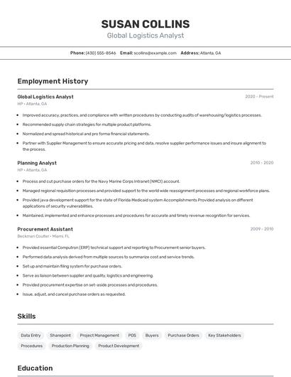 Global Logistics Analyst Resume