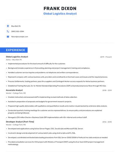 Global Logistics Analyst Resume