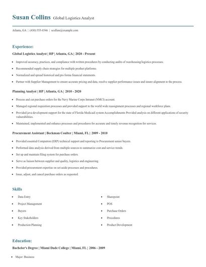 Global Logistics Analyst Resume