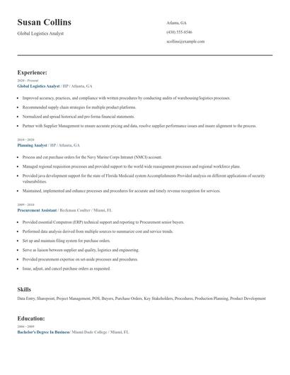 Global Logistics Analyst Resume