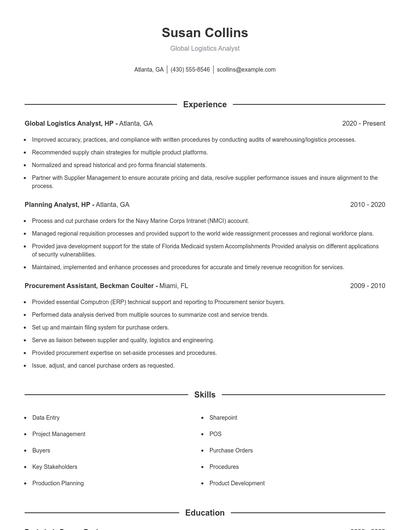 Global Logistics Analyst Resume