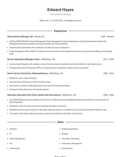 Global Service Manager Resume