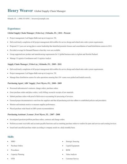 Global Supply Chain Manager Resume