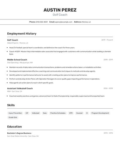 Golf Coach Resume