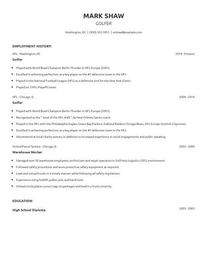 Golfer Resume