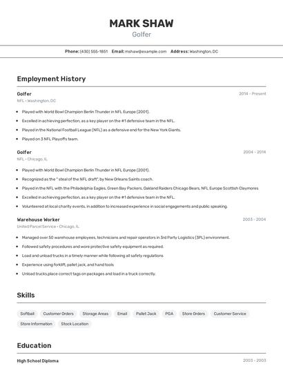 Golfer Resume
