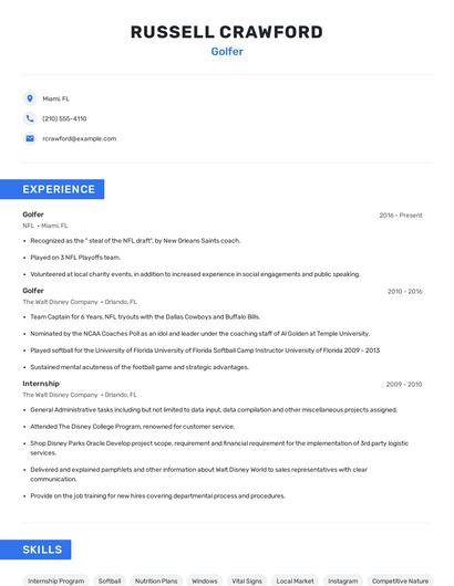 Golfer Resume