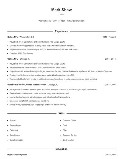 Golfer Resume