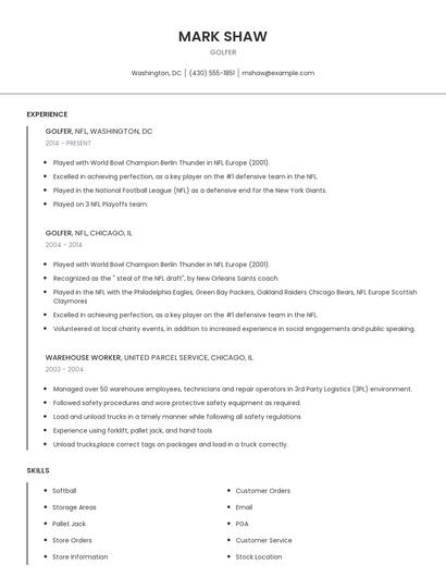 Golfer Resume