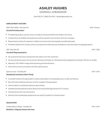 Goodwill Ambassador Resume