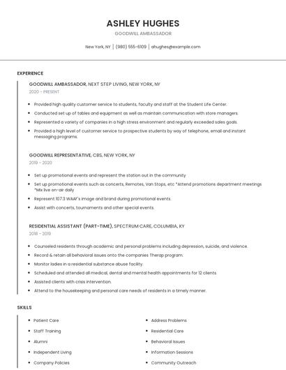 Goodwill Ambassador Resume