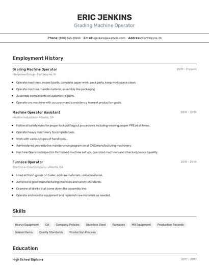 Grading Machine Operator Resume