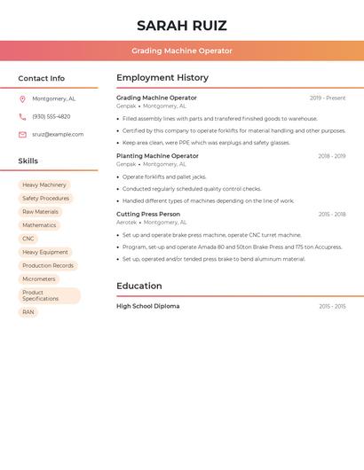 Grading Machine Operator Resume