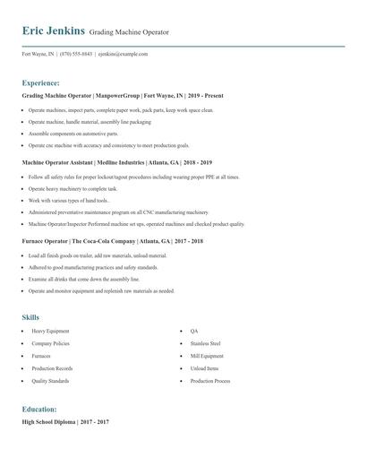 Grading Machine Operator Resume