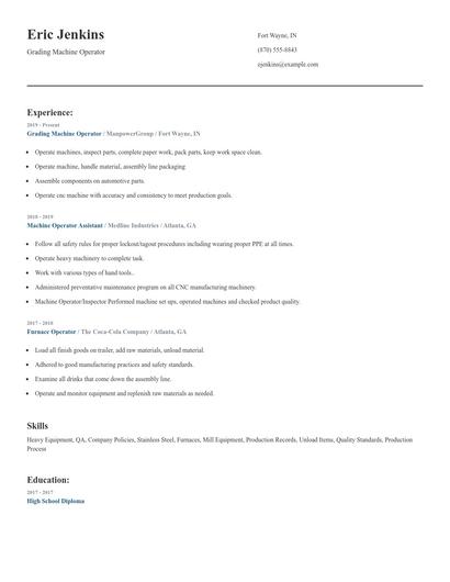 Grading Machine Operator Resume