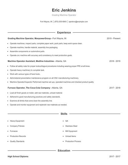 Grading Machine Operator Resume