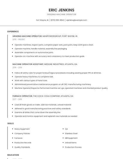 Grading Machine Operator Resume