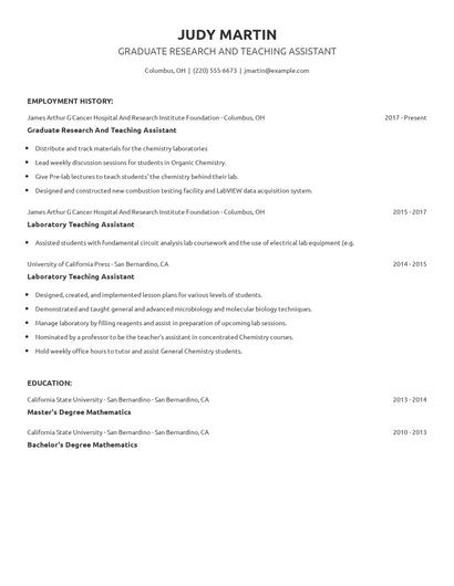 Graduate Research And Teaching Assistant Resume