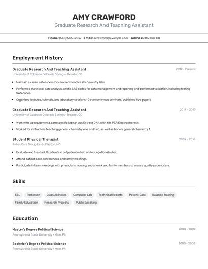 Graduate Research And Teaching Assistant Resume