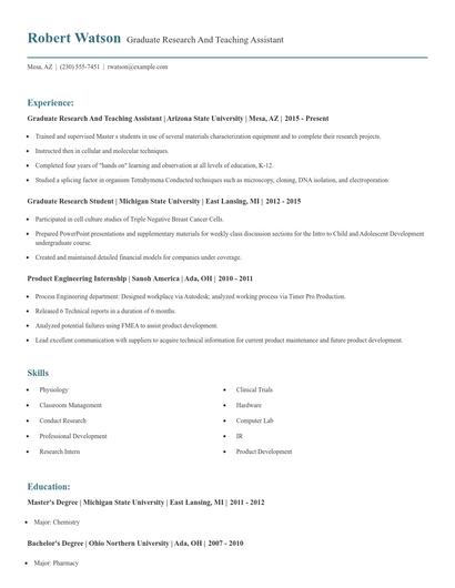 Graduate Research And Teaching Assistant Resume