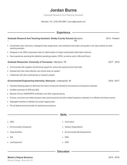 Graduate Research And Teaching Assistant Resume