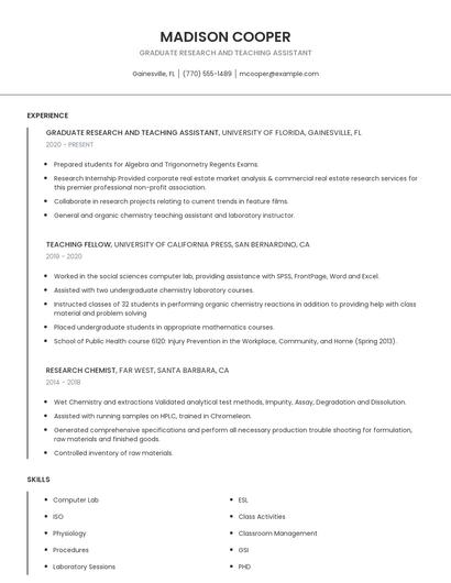 Graduate Research And Teaching Assistant Resume