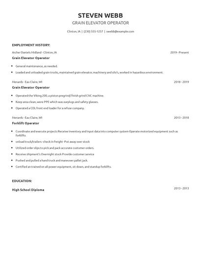 Grain Elevator Operator Resume