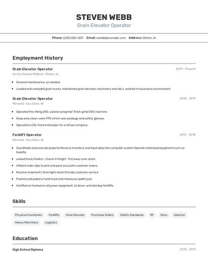 Grain Elevator Operator Resume