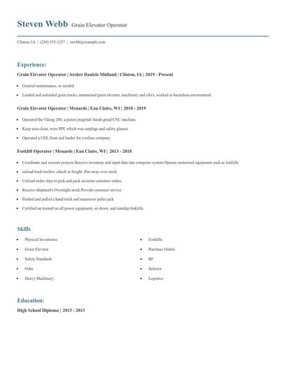 Grain Elevator Operator Resume