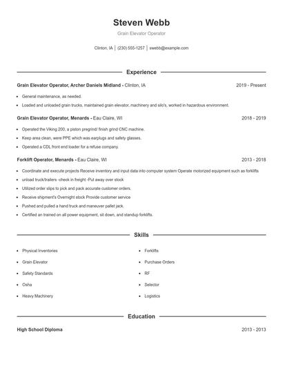 Grain Elevator Operator Resume