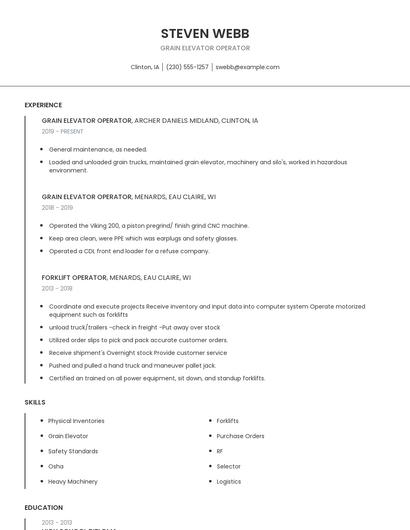 Grain Elevator Operator Resume