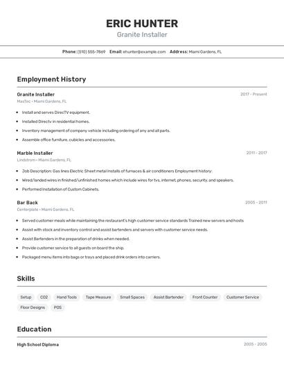Granite Installer Resume