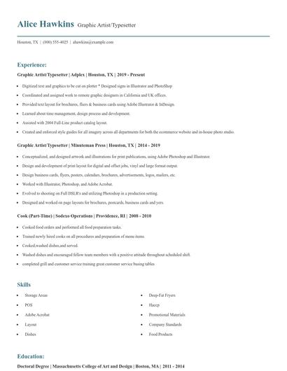 Graphic Artist/Typesetter Resume