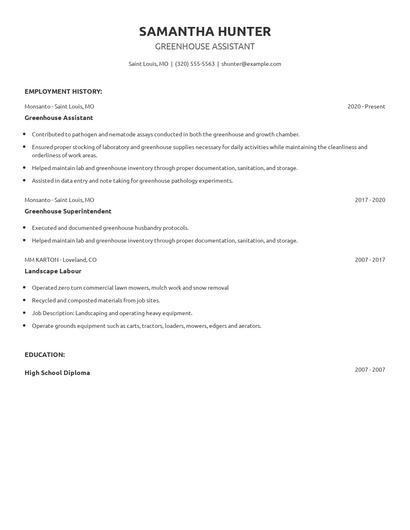 Greenhouse Assistant Resume