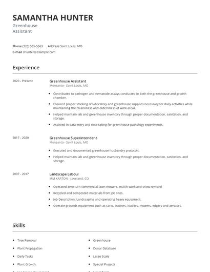 Greenhouse Assistant Resume