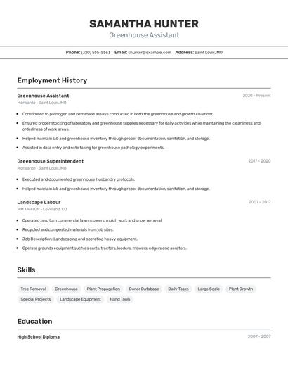 Greenhouse Assistant Resume