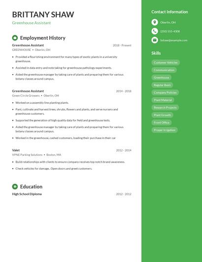 Greenhouse Assistant Resume