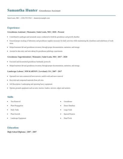 Greenhouse Assistant Resume